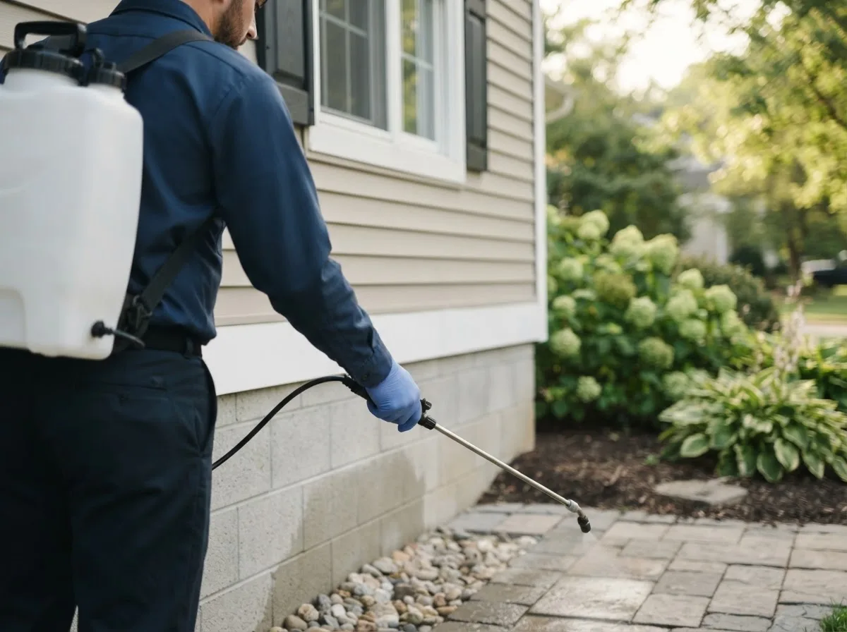 Pest control technician inspecting a home in Bloomington, NY